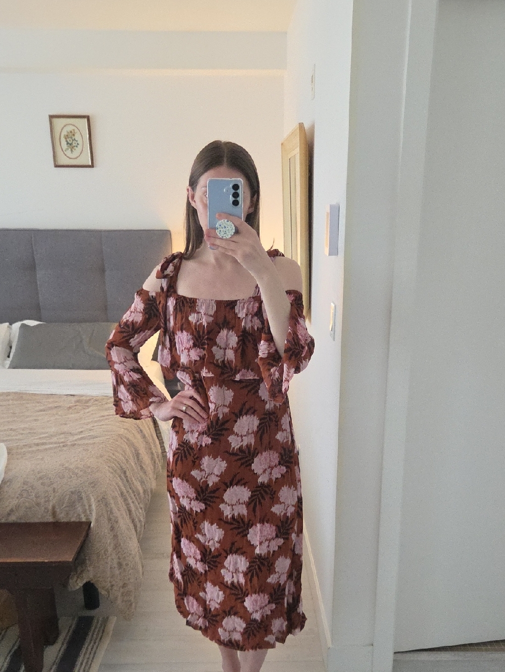 Ganni Rust Floral Midi Dress with Pink Blooms